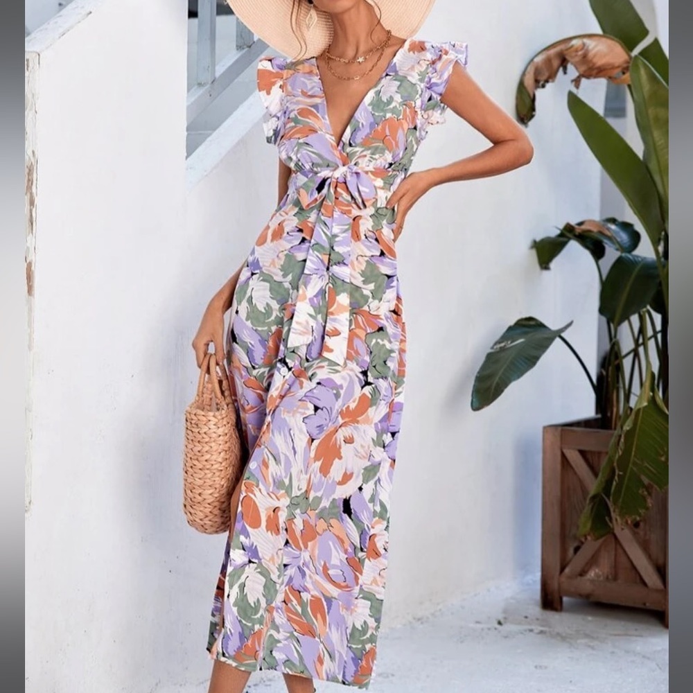 Purple and Pink Flutter Sleeve Maxi Sundress